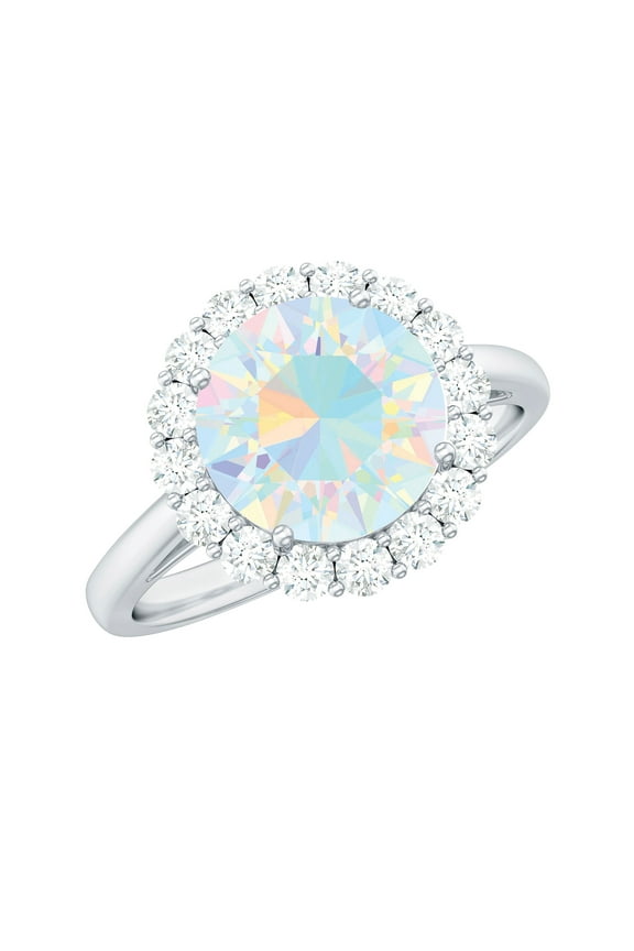 Real Ethiopian Opal Engagement Ring with Diamond Halo - Classic Round Opal Ring - 8 mm - AAA Quality, 925 Sterling Silver, US 4.00
