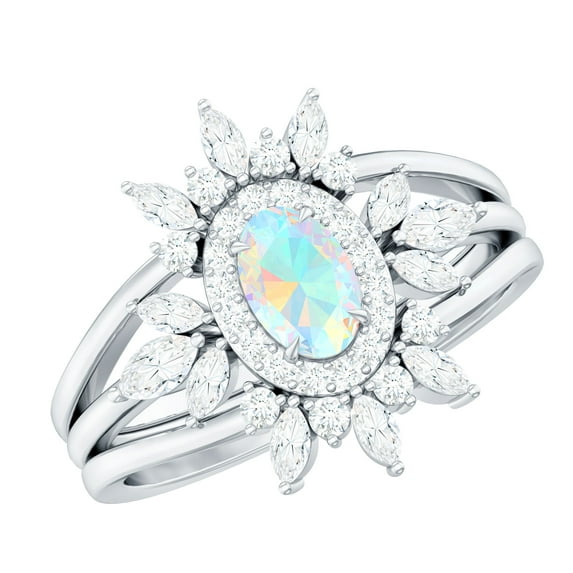 Rosec Jewels Real Ethiopian Opal Ring Set with Moissanite for Women (5X7 MM Oval Shape), 14K White Gold, US 7.00