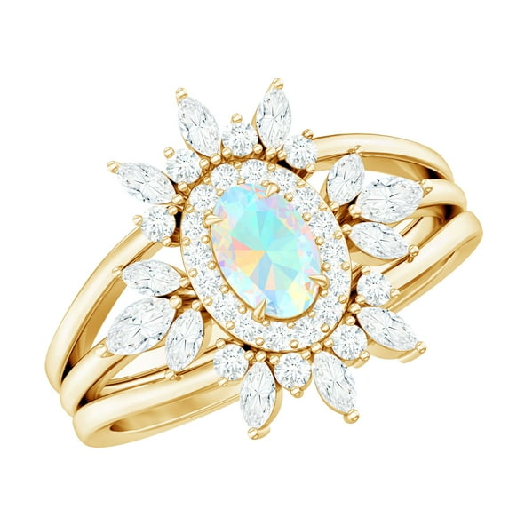 Rosec Jewels Real Ethiopian Opal Ring Set with Moissanite for Women (5X7 MM Oval Shape), 14K Yellow Gold, US 12.50