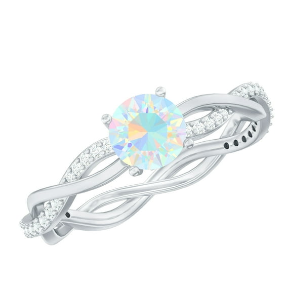 Rosec Jewels Real Ethiopian Opal Ring with Diamond for Women, Braided Ring (AAA Grade), 18K White Gold, US 8.00