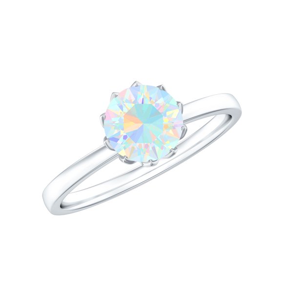 Real Ethiopian Opal Solitaire Ring for Women (8 mm, 2 CT, AAA Grade), 14K White Gold, US 10.00