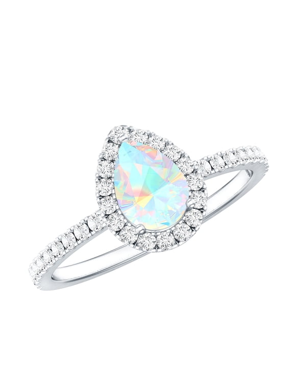 Real Ethiopian Opal Pear Shaped Engagement Ring with Halo - 0.7 Carat - Opal Diamond Ring for Women - AAA Quality, 10K White Gold, US 8.00