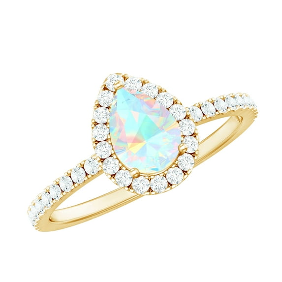 Rosec Jewels Real Ethiopian Opal Teardrop Engagement Ring with Halo - 5X7 mm - Opal Diamond Ring for Women - AAA Quality, 10K Yellow Gold, US 12.50