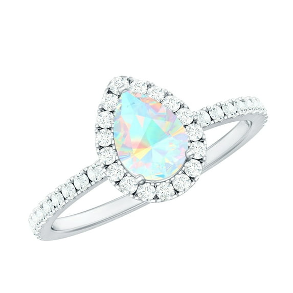 Rosec Jewels Real Ethiopian Opal Teardrop Engagement Ring with Halo - 5X7 mm - Opal Diamond Ring for Women - AAA Quality, 18K White Gold, US 6.50
