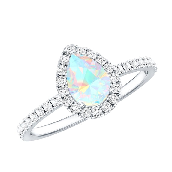 Rosec Jewels Real Ethiopian Opal Pear Shaped Engagement Ring with Halo - 0.7 Carat - Opal Diamond Ring for Women - AAA Quality, 925 Sterling Silver, US 4.00