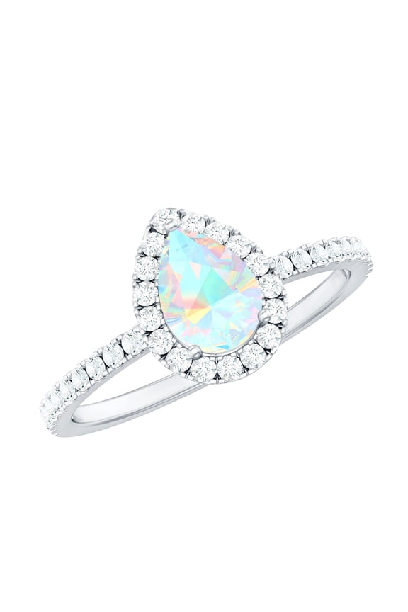 Real Ethiopian Opal Teardrop Engagement Ring with Halo - 5X7 mm - Opal Diamond Ring for Women - AAA Quality, 925 Sterling Silver, US 4.00