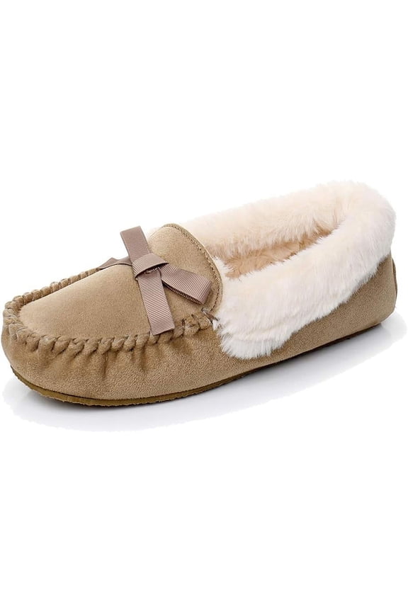 Women's Moccasin Slippers - Slip On House Slipper Warm Faux Fur lined Indoor Outdoor Shoe(042 TAN-7)
