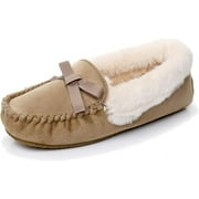 Real Fancy Women's Moccasin Slippers - Slip On House Slipper Warm Faux Fur lined Indoor Outdoor Shoe(042-TAN-8)