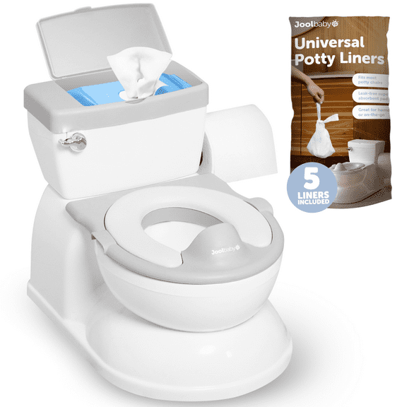 Real Feel 2-in-1 Potty with Wipes Storage, Flushing Sounds & Disposable Liners - Realistic Toilet - Easy to Clean & Assemble - Jool Baby (Gray)