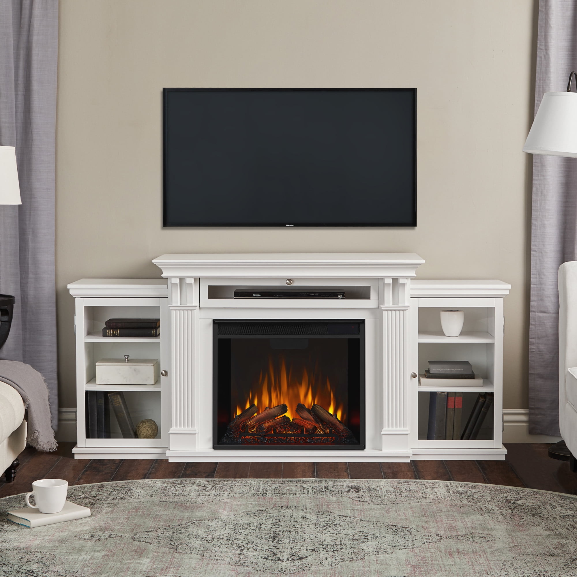White Wood TV Stand with Electric Fireplace and Cabinets