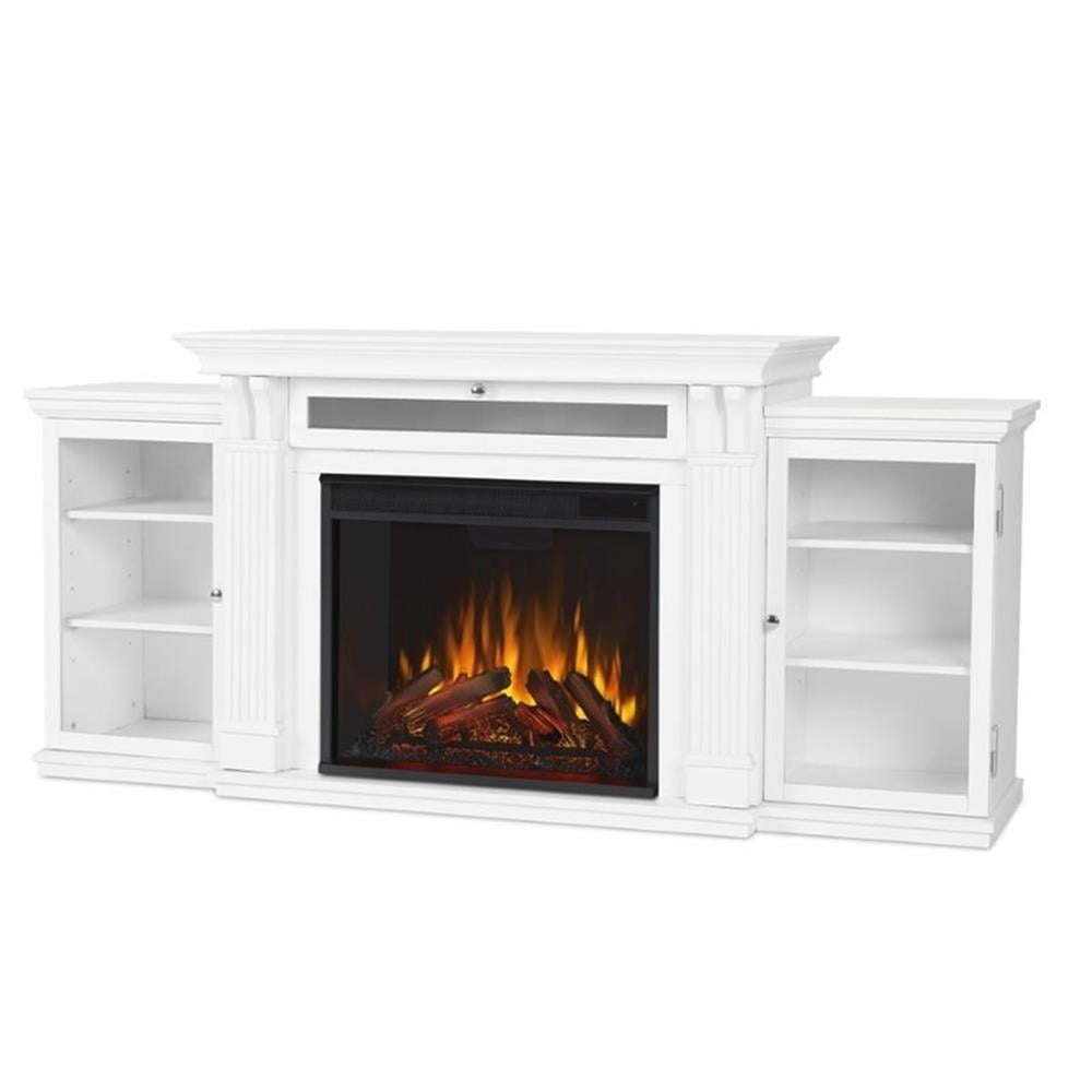 White Wood TV Stand with Electric Fireplace and Cabinets
