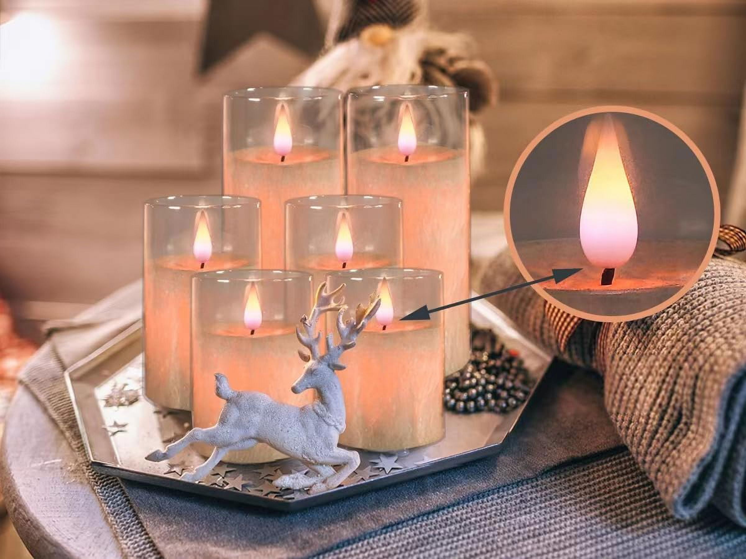 Real Flame LED Candles, Set of 3, Acrylic Plexiglass Shell, Battery Operated (White, 6 Batteries