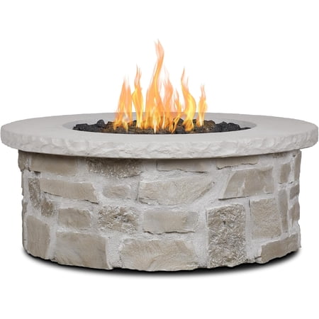 Real Flame Scottsdale 40" Round Stone Propane Fire Pit Table in Beige