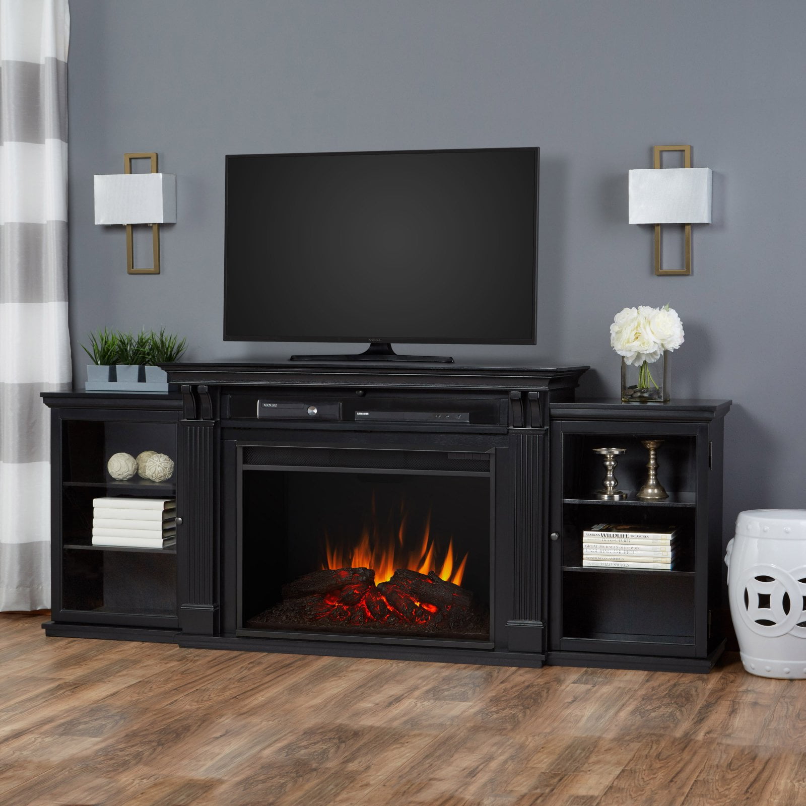 Tracey 84" Black Wood Electric Fireplace TV Stand