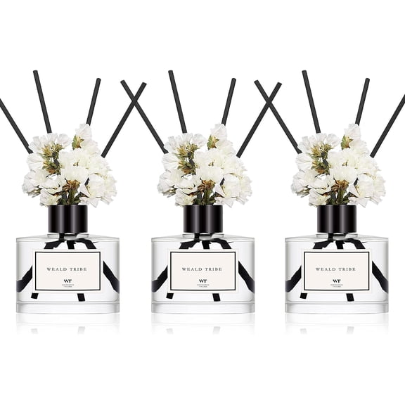 Real Flower Reed Diffuser Set of 3 for Bathroom Air Fresheners, Oil Defusers | Fresh Linen/Ocean/Eucalyptus & Mint Scent(1.7 fl oz Each Pack) Home Fragrance with 12 Stick | Shelf Decor