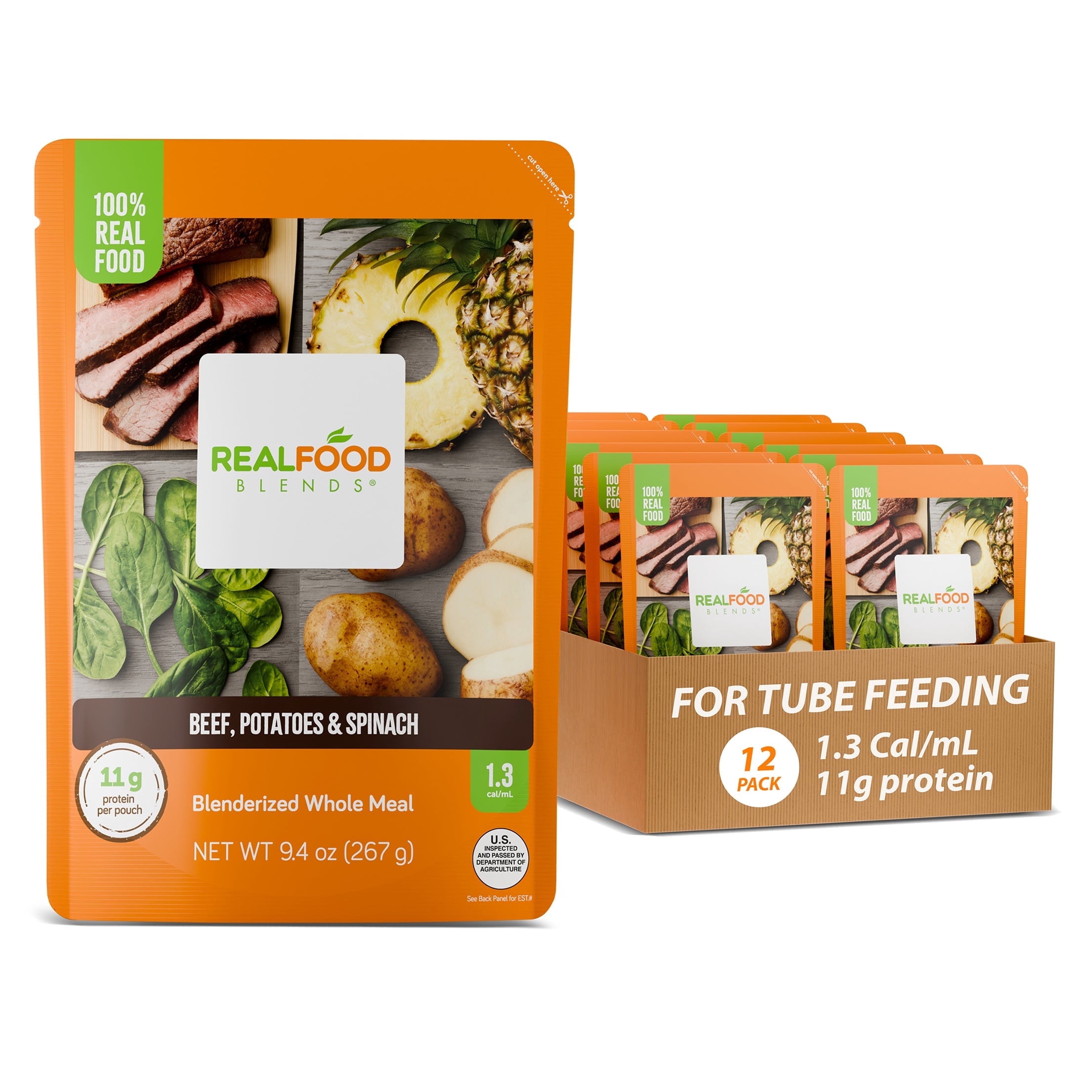 Real Food Blends Beef, Potatoes & Spinach - Pureed Food Meals for Tube Feeding with Protein, Vegetables & Fruits - 330 Calories for Lunch & Dinner - 9.4 oz (Pack of 12)