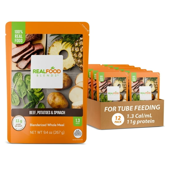 Real Food Blends Beef, Potatoes & Spinach - Pureed Food Meals for Tube Feeding with Protein, Vegetables & Fruits - 330 Calories for Lunch & Dinner - 9.4 oz (Pack of 12)
