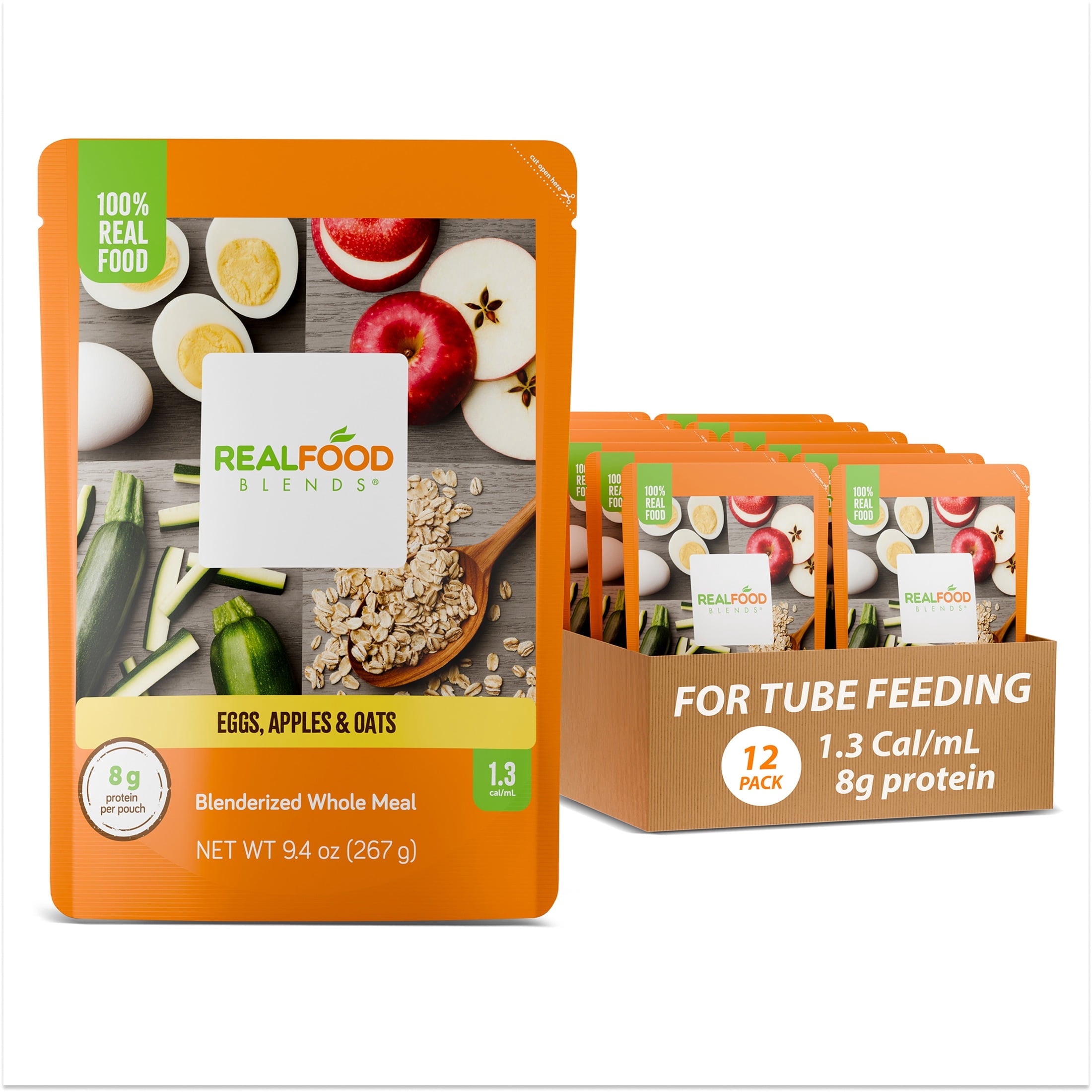 Real Food Blends Eggs, Apples & Oats - Pureed Food Meals for Tube Feeding with Protein, Vegetables & Fruits - 320 Calories for Breakfast, Lunch & Dinner - 9.4 oz (Pack of 12)