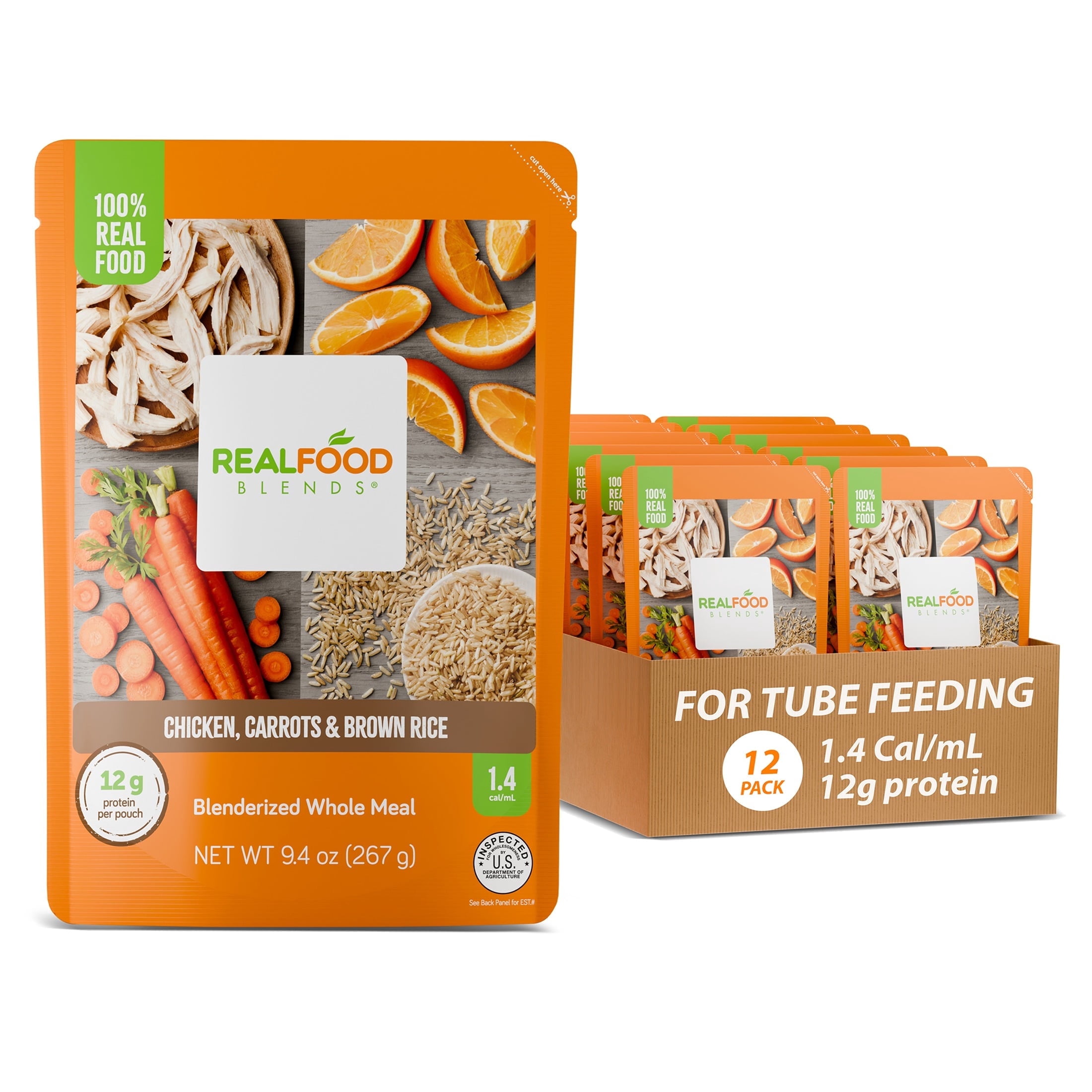 Real Food Blends Chicken, Carrots & Brown Rice - Pureed Food Meals for Tube Feeding with Protein, Vegetables & Fruits - 340 Calories for Lunch & Dinner - 9.4 oz (Pack of 12)
