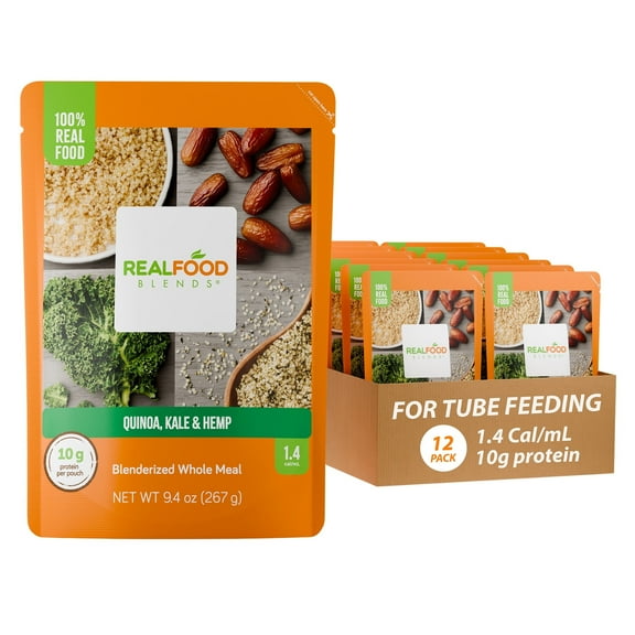 Real Food Blends Quinoa, Kale & Hemp - Pureed Food Meals for Tube Feeding with Protein, Vegetables & Fruits -340 Calories for Breakfast, Lunch & Dinner - 9.4 oz (Pack of 12)