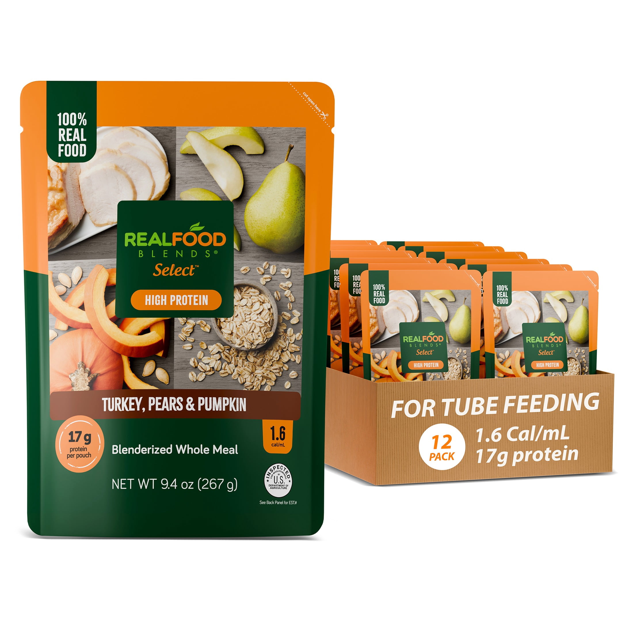 Real Food Blends Select Turkey, Pears & Pumpkin – Pureed Food Meal for Feeding Tubes, 9.4 oz Pouch (Pack of 12 Pouches)