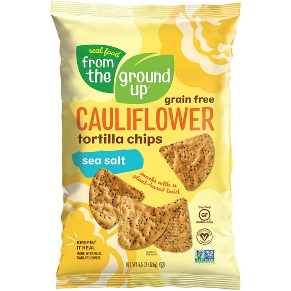 Real Food From The Ground Up Cauliflower Sea Salt Tortilla Chips, 4.5 oz bag