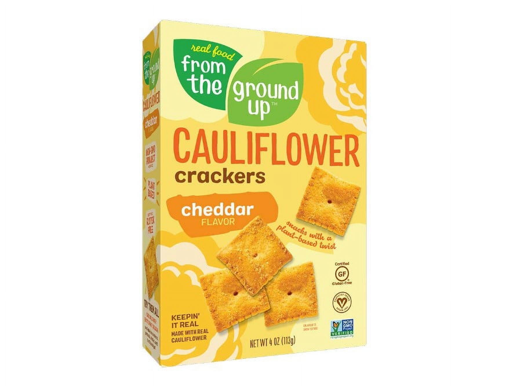Real Food From the Ground Up Cauliflower Crackers, 4 Ounces - 6 Pack (Cheddar, Crackers)