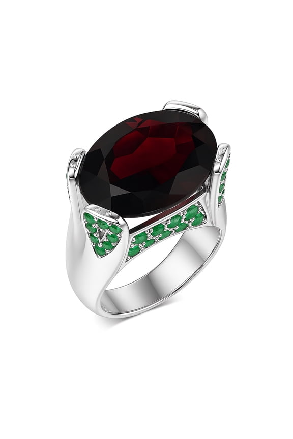 Real Garnet & Emerald Gemstone Finger Ring for Women, 925 Sterling Silver Designer Jewelry, Cocktail Fashion Finger, Handmade Jewelry