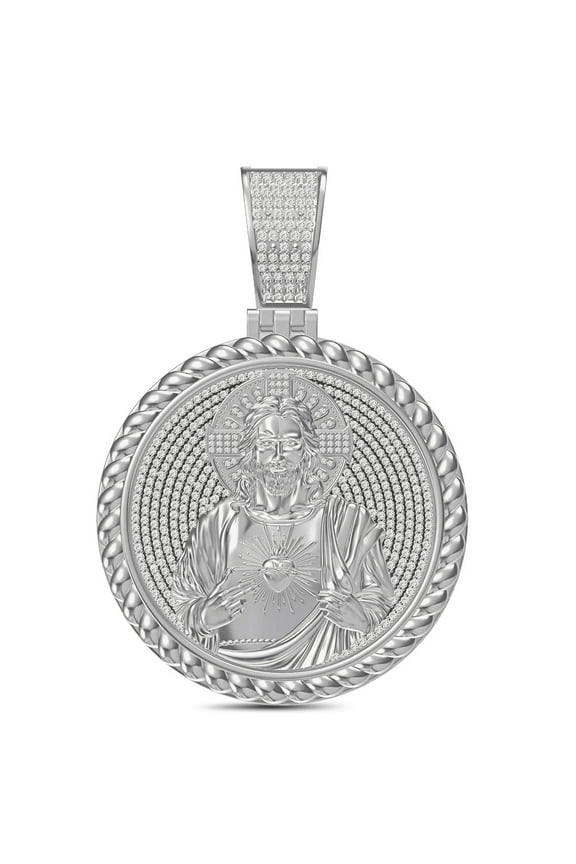 Real Genuine 2.50 Ct. Moissanite Diamond 28+ Grams Sacred Flaming Heart of Jesus Christ God Holy Cross 10K White Gold Over Religious Pendant Charm