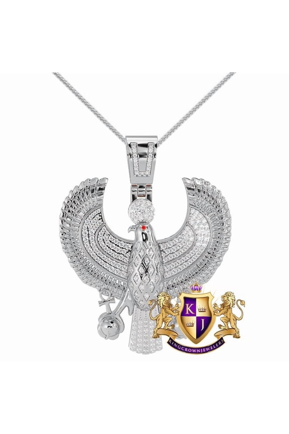 Real Genuine 2.50 Cwt. VVS/1 MOISSANITE Diamond Egyptian God Horus Ra Phoenix Bird Falcon Eagle Ankh Cross Pendant 10K Gold Over Charm Chain