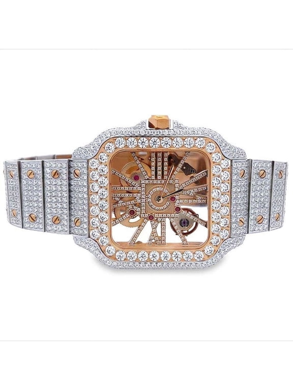 Real Genuine Certified 24.76 Cwt. VVS/D Moissanite Diamond 14K Rose 2 Tone Gold Finish Luxury Automatic Skeleton Dial Men's Steel Custom Designer Watch