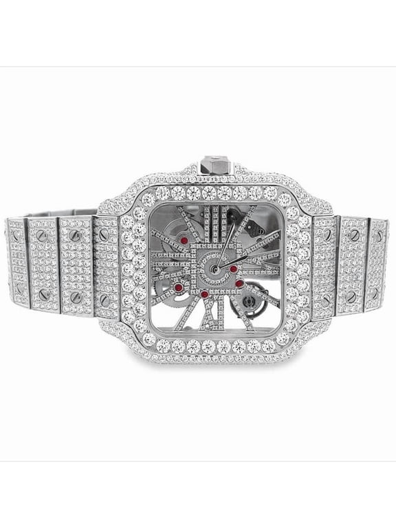 Real Genuine Certified 24.76 Cwt. VVS/D Moissanite Diamond 14K White Gold Finish Luxury Automatic Skeleton Dial Men's Steel Custom Designer Watch