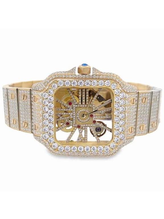 Real Genuine Certified 24.76 Cwt. VVS/D Moissanite Diamond 14K Yellow Gold Finish Luxury Automatic Skeleton Dial Men's Steel Custom Designer Watch
