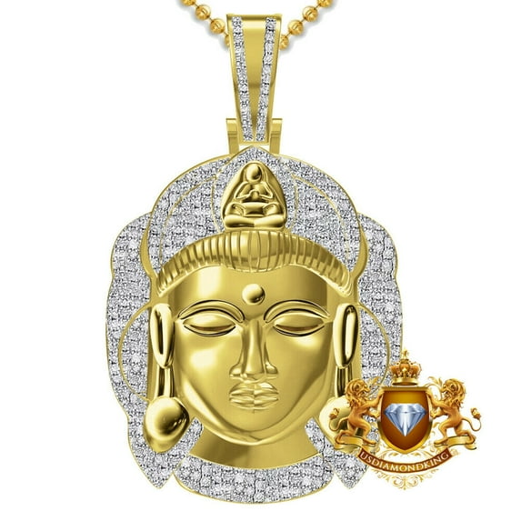 Real Genuine Diamond 0.60 Ctw Siddhartha Gautama Buddha Head Pendent Over Gold Charm Chain