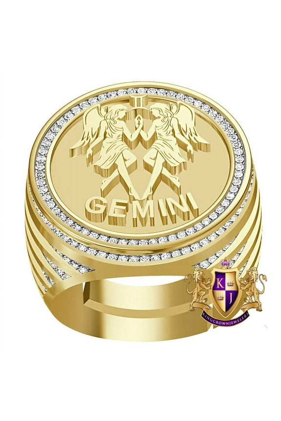 Real Genuine Diamond 1.00 Cwt. Zodiac Sign Gemini Astrology Band 10k Gold On Men's Ring