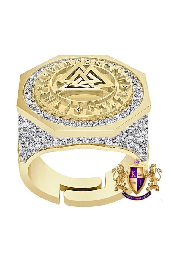 Real Genuine Diamond 1.25 Cwt. Norse Viking Valknut Vegvisir Compass Men's Band 22mm Ring