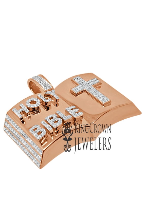 Real Genuine Diamond 10K Rose Gold Finish Holy Bible Book Pendant Cross Charm