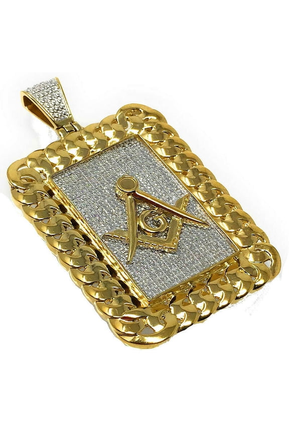 Real Genuine Diamond Freemason Masonic Pendant Miami Cuban 10K Yellow Gold Finish G Compass Charm 2.5''