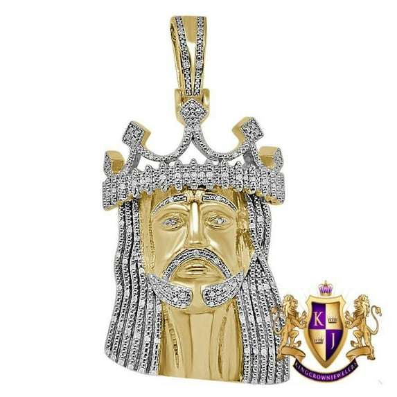 Real Genuine Diamond Jesus Crown Face Piece 10K Yellow Gold Finish Pendent Charm 2.5''