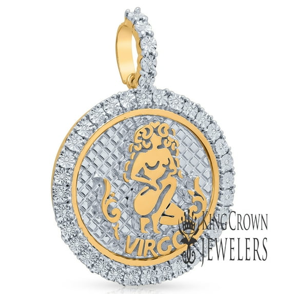 Real Genuine Diamonds Virgo Zodiac Sign Charm Astrology Unisex Round Circle Pendant 10K Yellow Gold Finish 2''