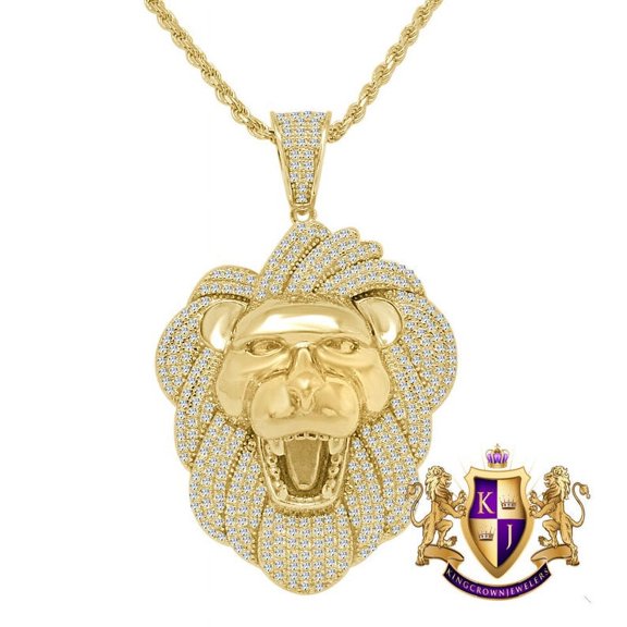 Real Genuine Italian Sterling Silver 14K Gold Finish Lion Head King Face Simulated Diamond Charm Pendent Rope Chain Set