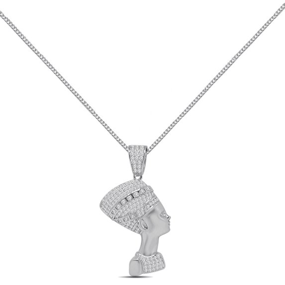 Real Genuine Italian Sterling Silver Simulated Diamond Egyptian Queen Nefertiti Pharaoh Charm Pendant + Free Chain Neckless Small 1.80'' White Gold Finish