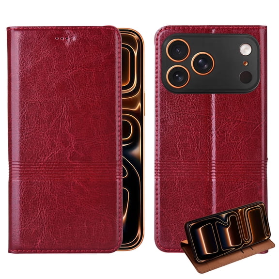 Real Genuine Leather for Crazy Horse Pattern for iPhone 17 Pro Max Case Flip Case Business Protective Cover with Card Slots Shockproof with Full Body Screen Camera