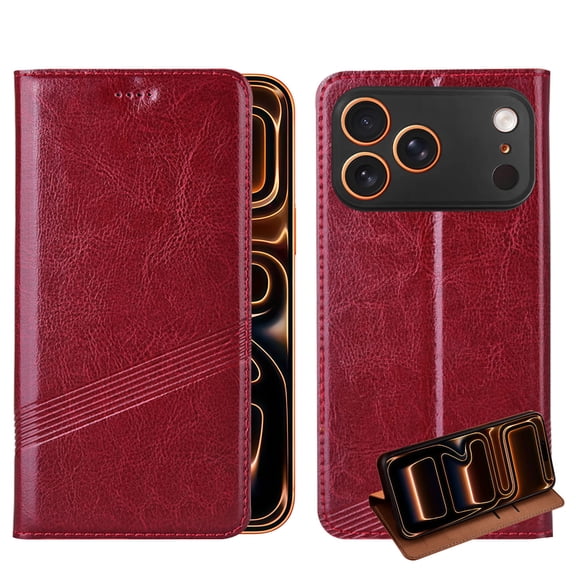 Real Genuine Leather for Crazy Horse Pattern for iPhone 17 Pro Max Case Flip Case Classic Business with Card Slots with Full Body Screen Camera Shockproof Protective Cover