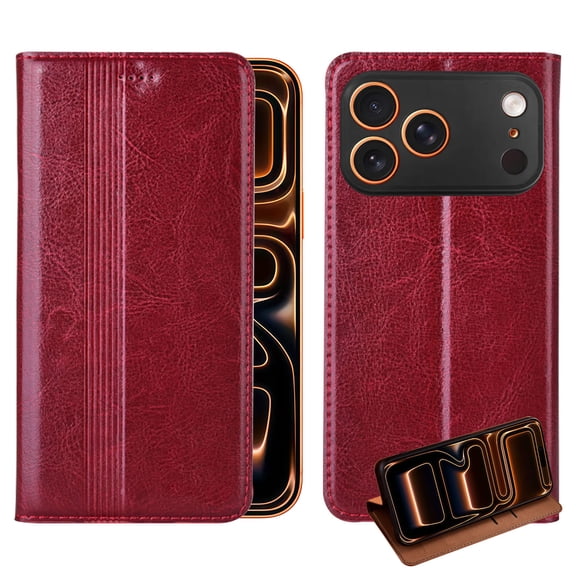 Real Genuine Leather for Crazy Horse Pattern for iPhone 17 Pro Max Case Flip Case Classic Business with Card Slots Shockproof with Full Body Screen Camera Protective Cover