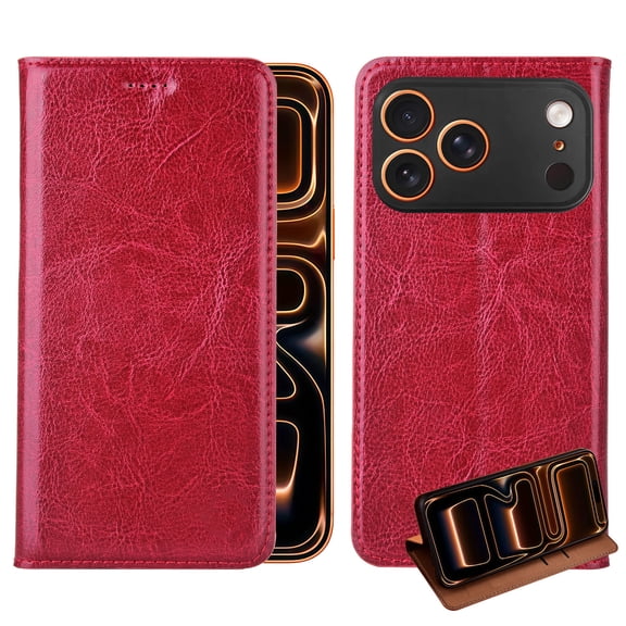 Real Genuine Leather for Crazy Horse Pattern for iPhone 17 Pro Max Case Flip Case Protective Cover with Card Slots Shockproof Business with Full Body Screen Camera