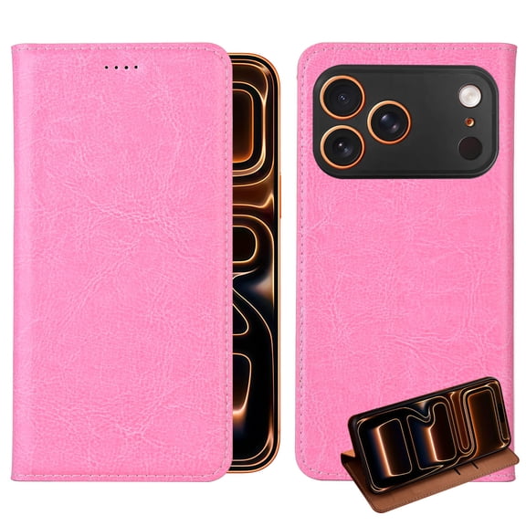 Real Genuine Leather for Crazy Horse Pattern for iPhone 17 Pro Max Case Flip Case Protective Cover with Card Slots Shockproof Business with Full Body Screen Camera