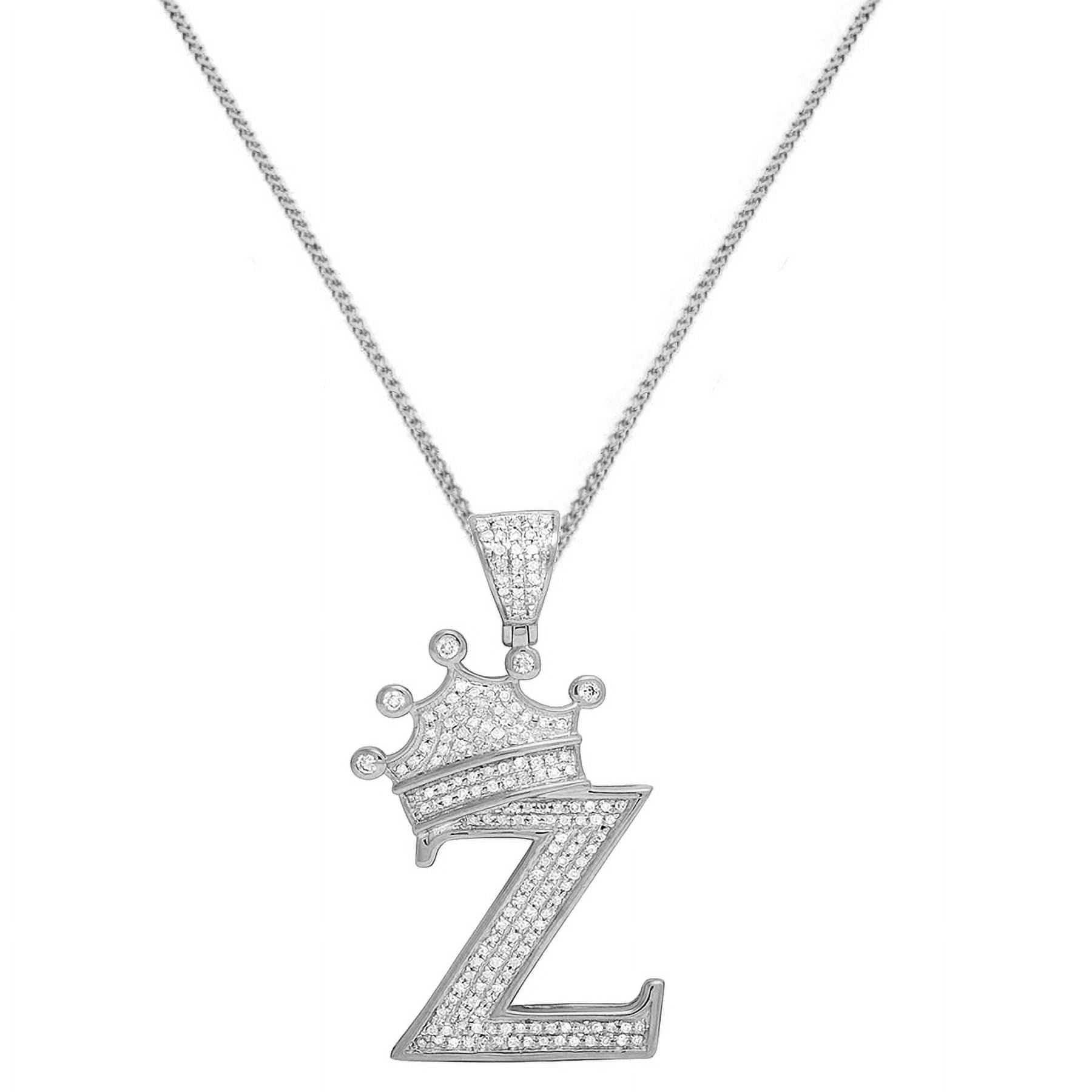 Real Genuine Sterling Silver 14K White Gold Over 1.00 Cwt. Simulated Diamond Crown Initial Letter Alphabet Charm Pendant Chain Z Small 1.75''
