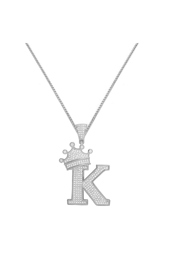 Real Genuine Sterling Silver 14K White Gold Over 1.00 Cwt. Simulated Diamond Crown Initial Letter Alphabet Charm Pendant K Chain Small 1.75''