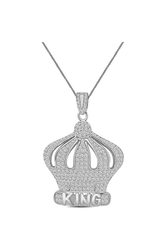 Real Genuine Sterling Silver 18+ Grams 2.25 Cwt. Simulated Diamond 14K White Gold Over "King" Royal Crown Men's Pendant Charm Rope Chain Neckless